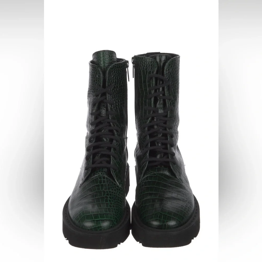 Aquatalia Green Embossed Leather Mid-Calf Combat Boots - Picture 3 of 4
